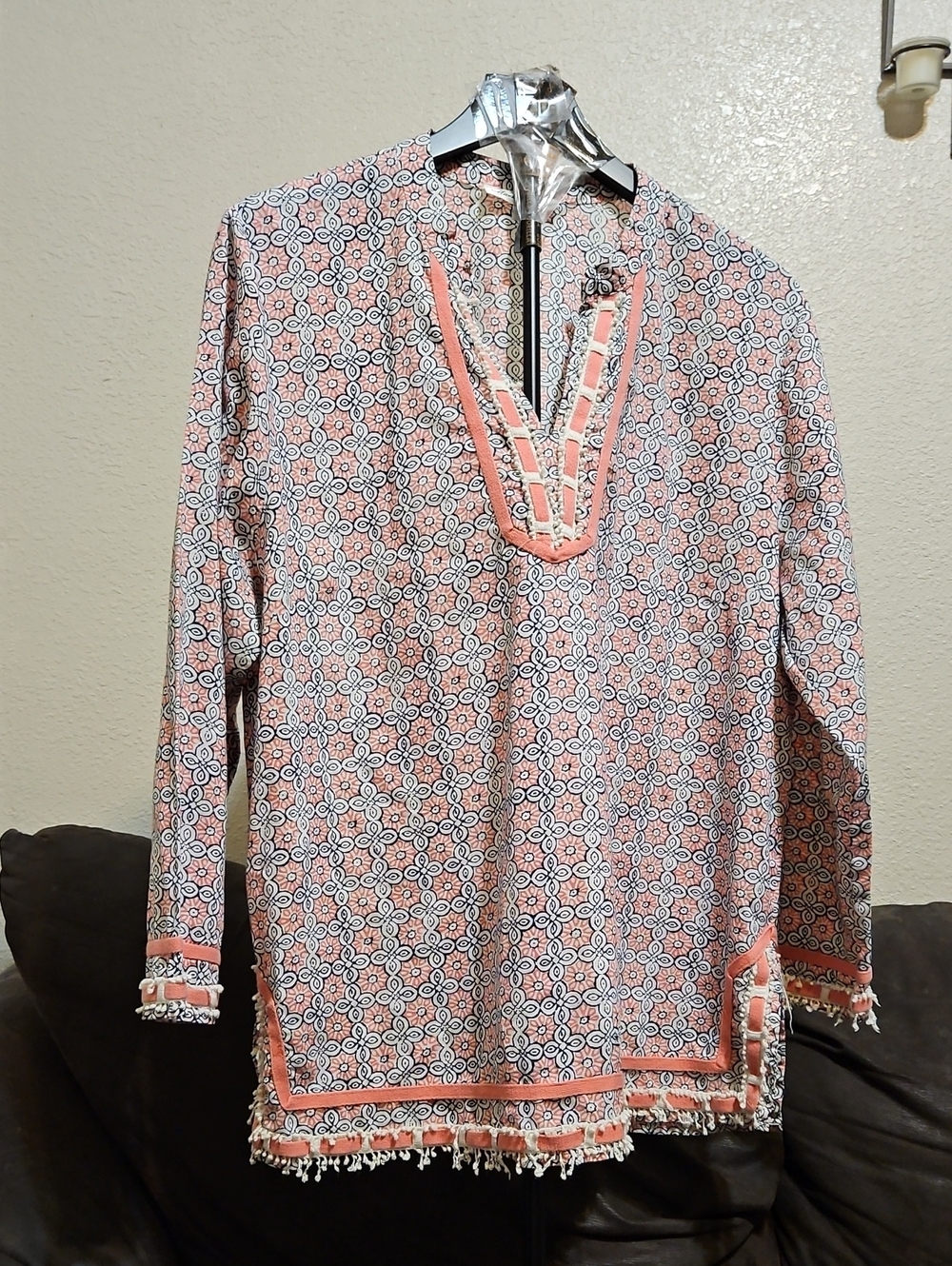 Marisa Christina Coral and Navy Geometric Tunic Blouse